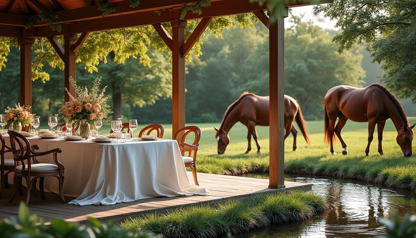 découvrez le pavillon de la source, un lieu exceptionnel où vous pouvez déguster un déjeuner unique tout en admirant la compagnie élégante des chevaux.