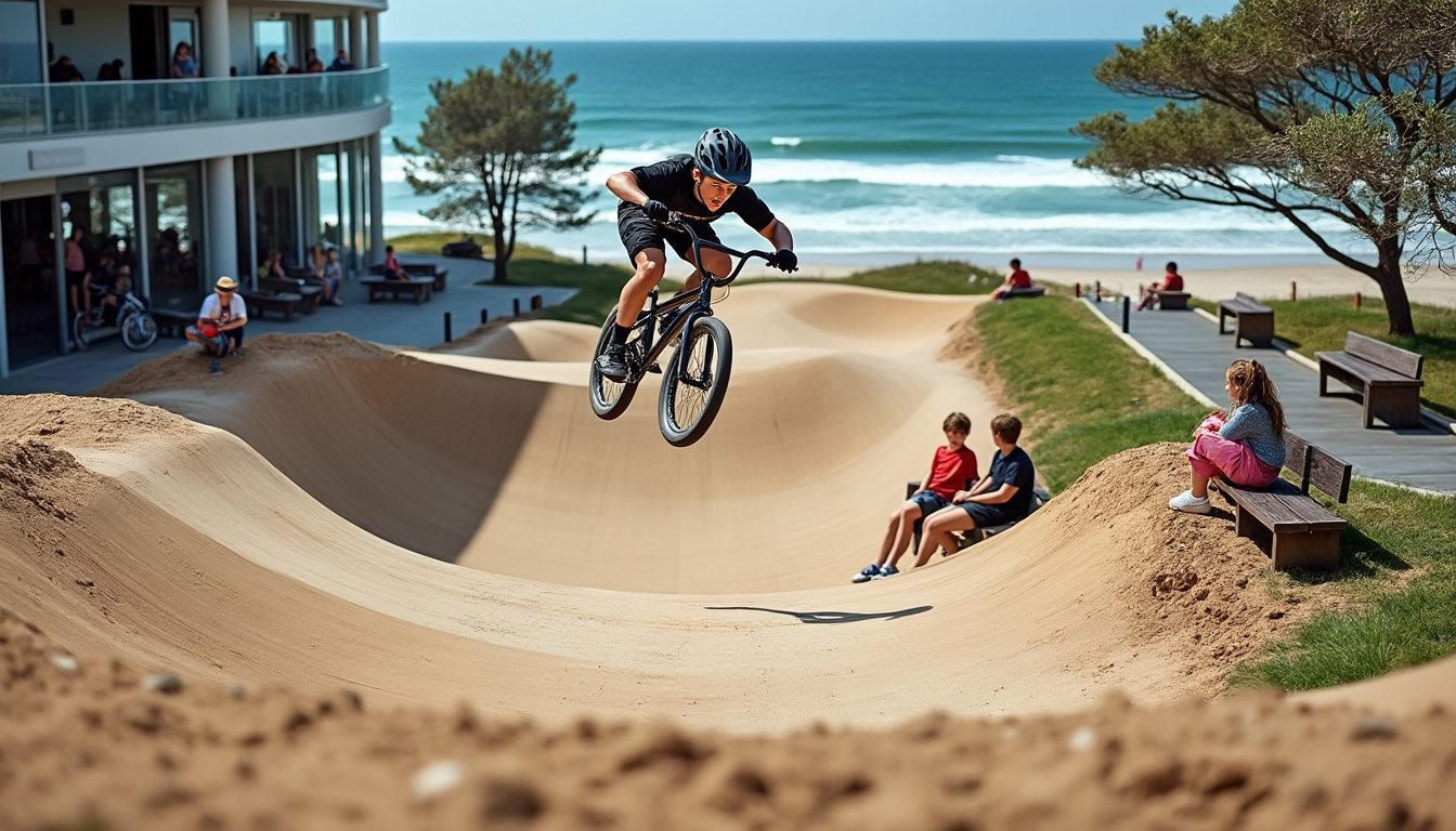 venez tester vos limites sur la piste de pumptrack du polygone riviera à cagnes-sur-mer, un spot idéal pour les amateurs de vélo, roller et skateboard, accessible à tous les niveaux.