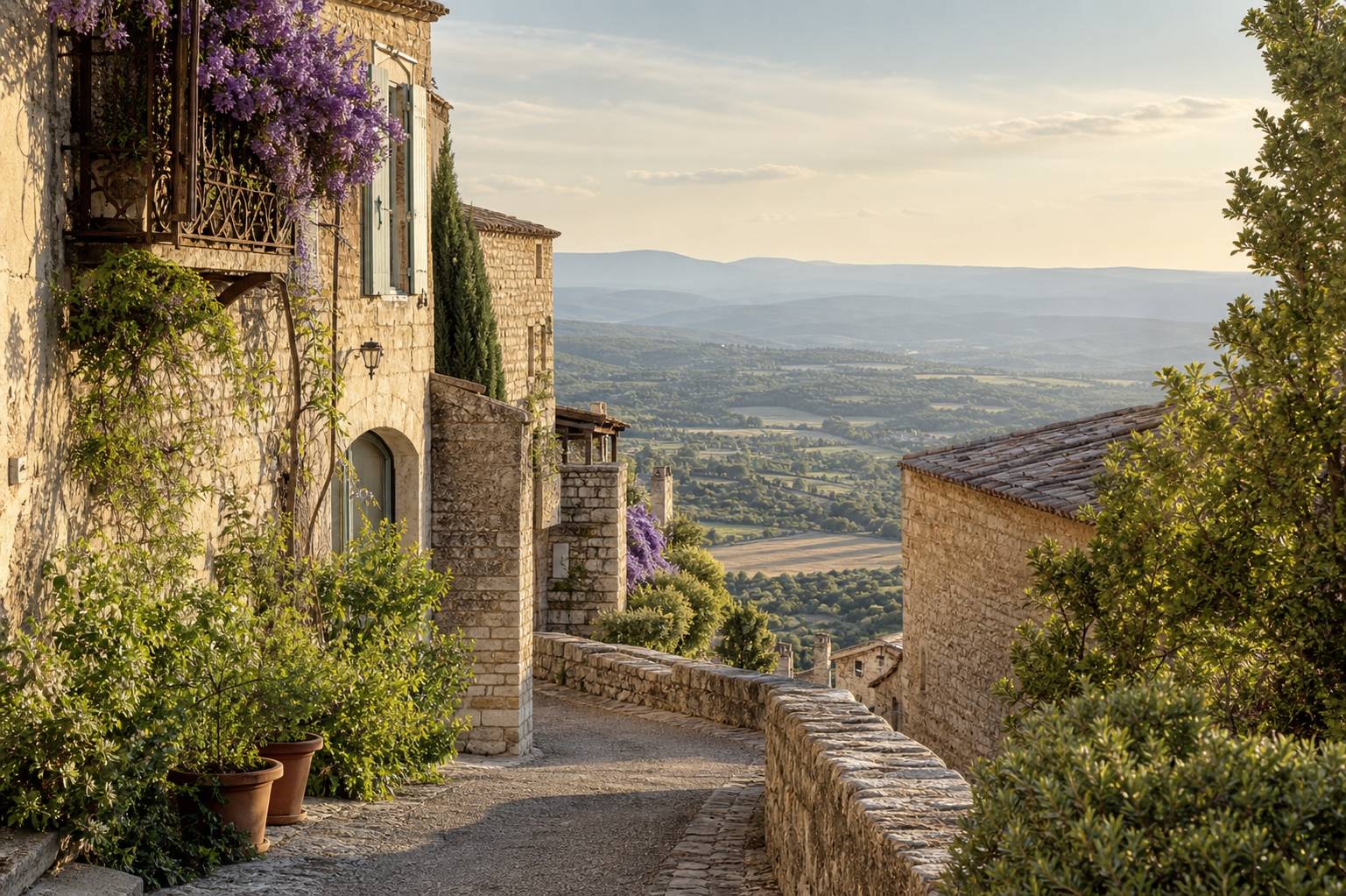 Ruelles pittoresques du village de Saignon perché avec maisons en pierre calcaire et fleurs aux balcons dominant la vallée du Lubéron