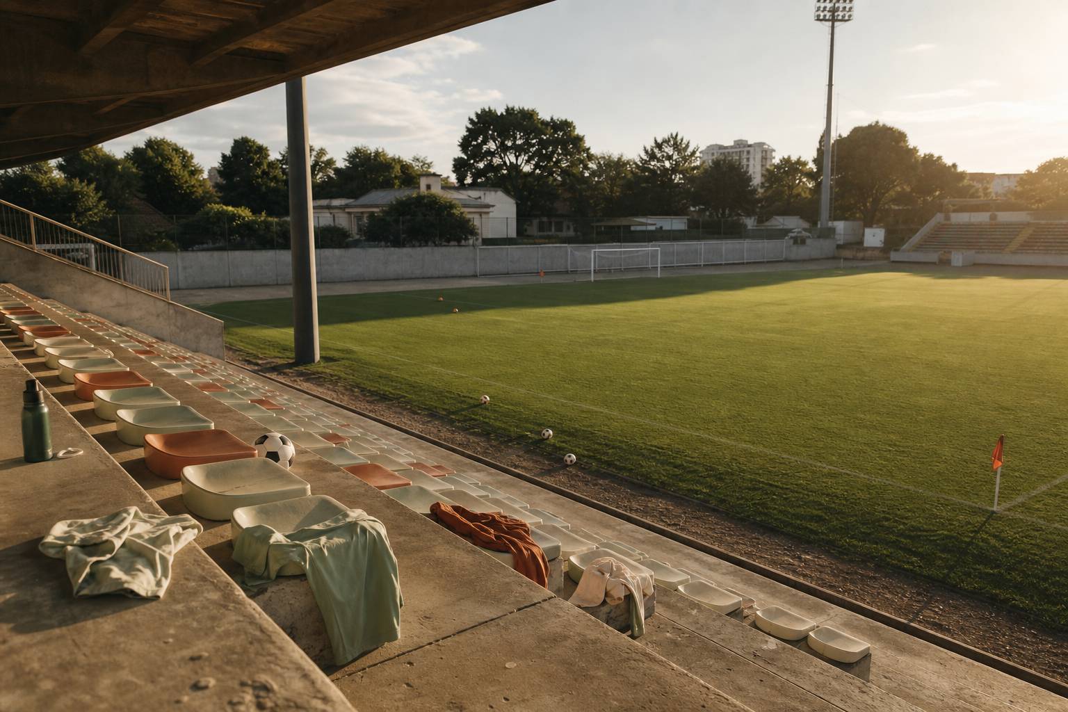 Gradins d'un stade municipal avec vue sur le terrain de football depuis les tribunes