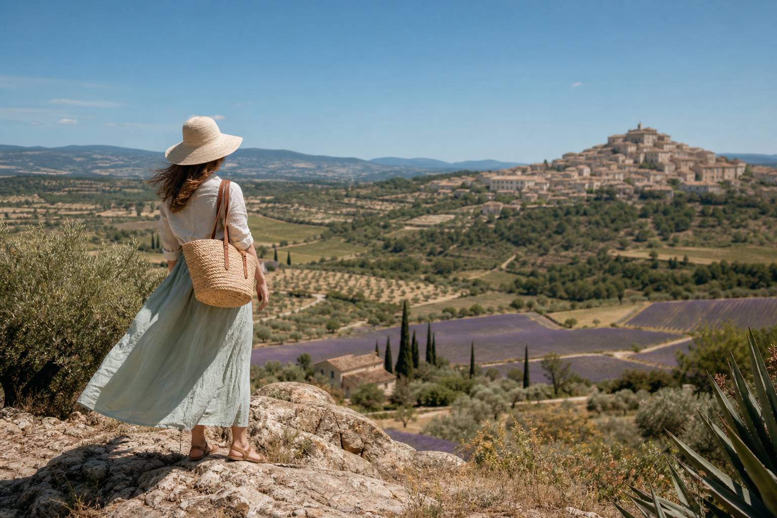 Vue panoramique depuis un belvédère rocheux dominant la campagne provençale avec champs de lavande et oliviers