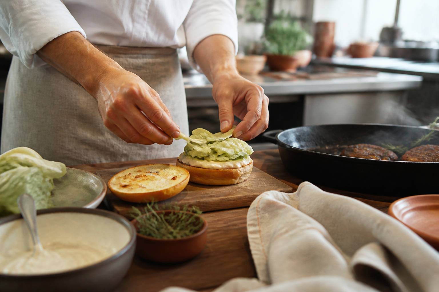 Mains de chef assemblant un burger avec une viande saisie dans une poêle