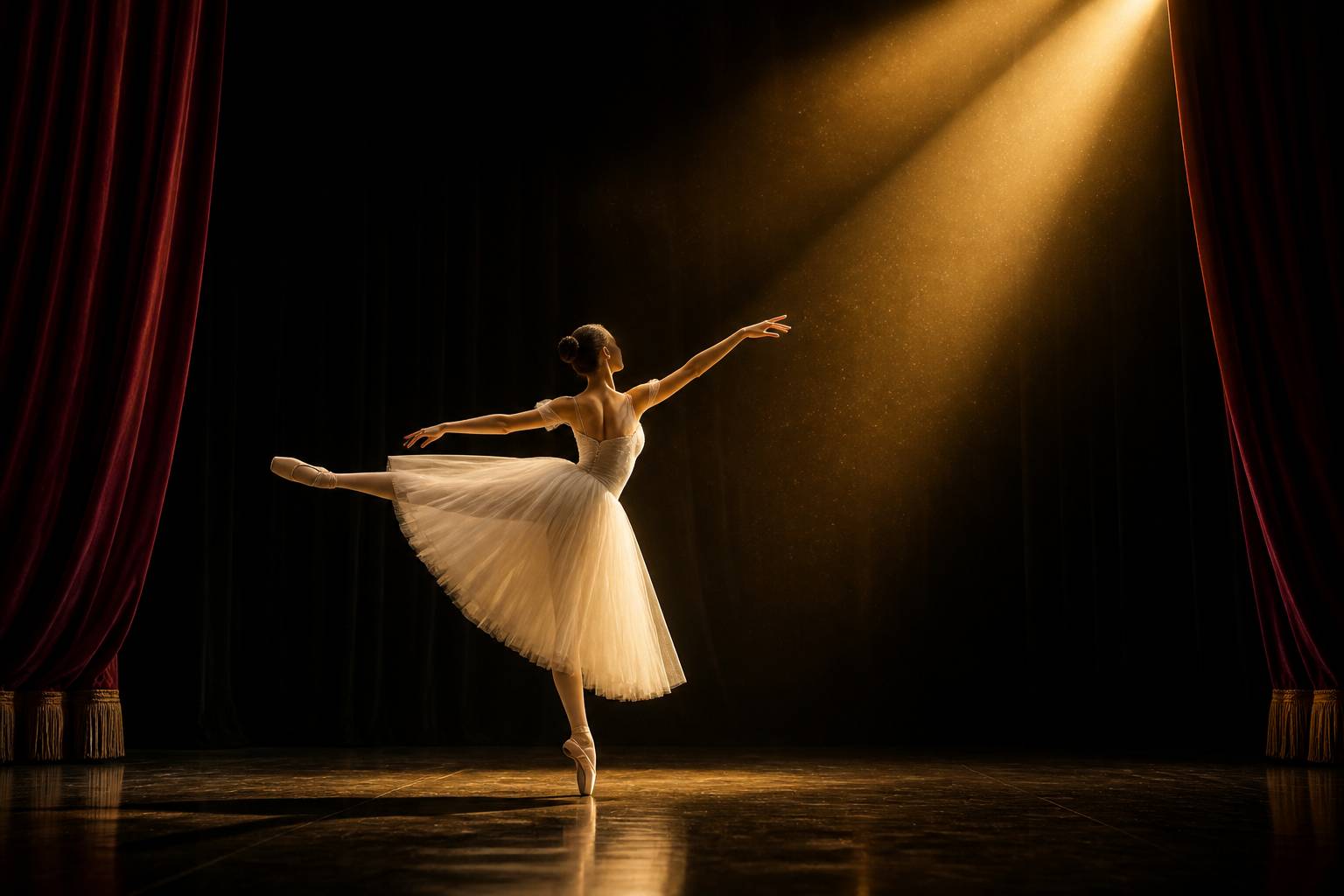 Ballerine en arabesque sur scène sous un projecteur doré devant des rideaux de velours