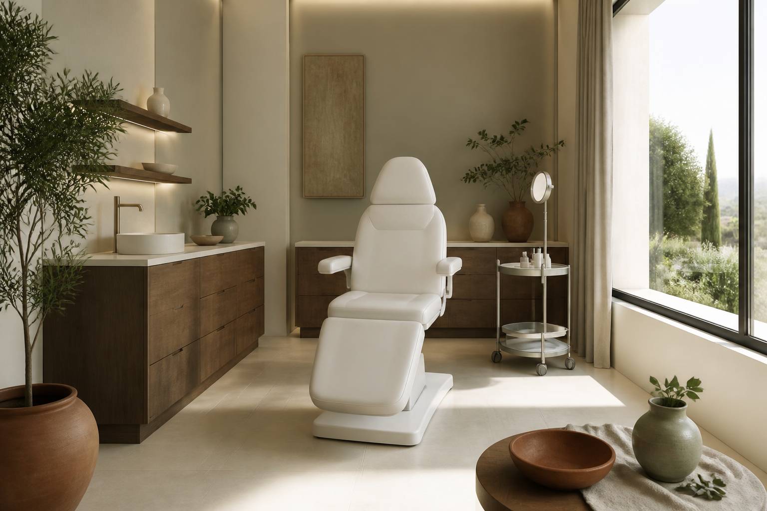 Salle de consultation claire avec fauteuil medical blanc et plantes