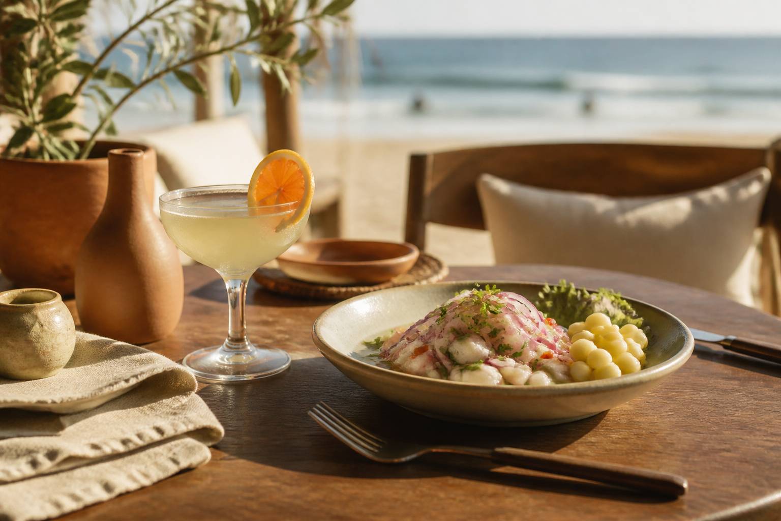 Cocktail au pisco sur une table dressée avec vue sur la mer