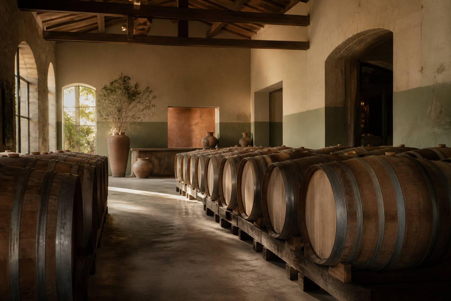 Chai de vieillissement avec des fûts de chêne alignés pour le cognac