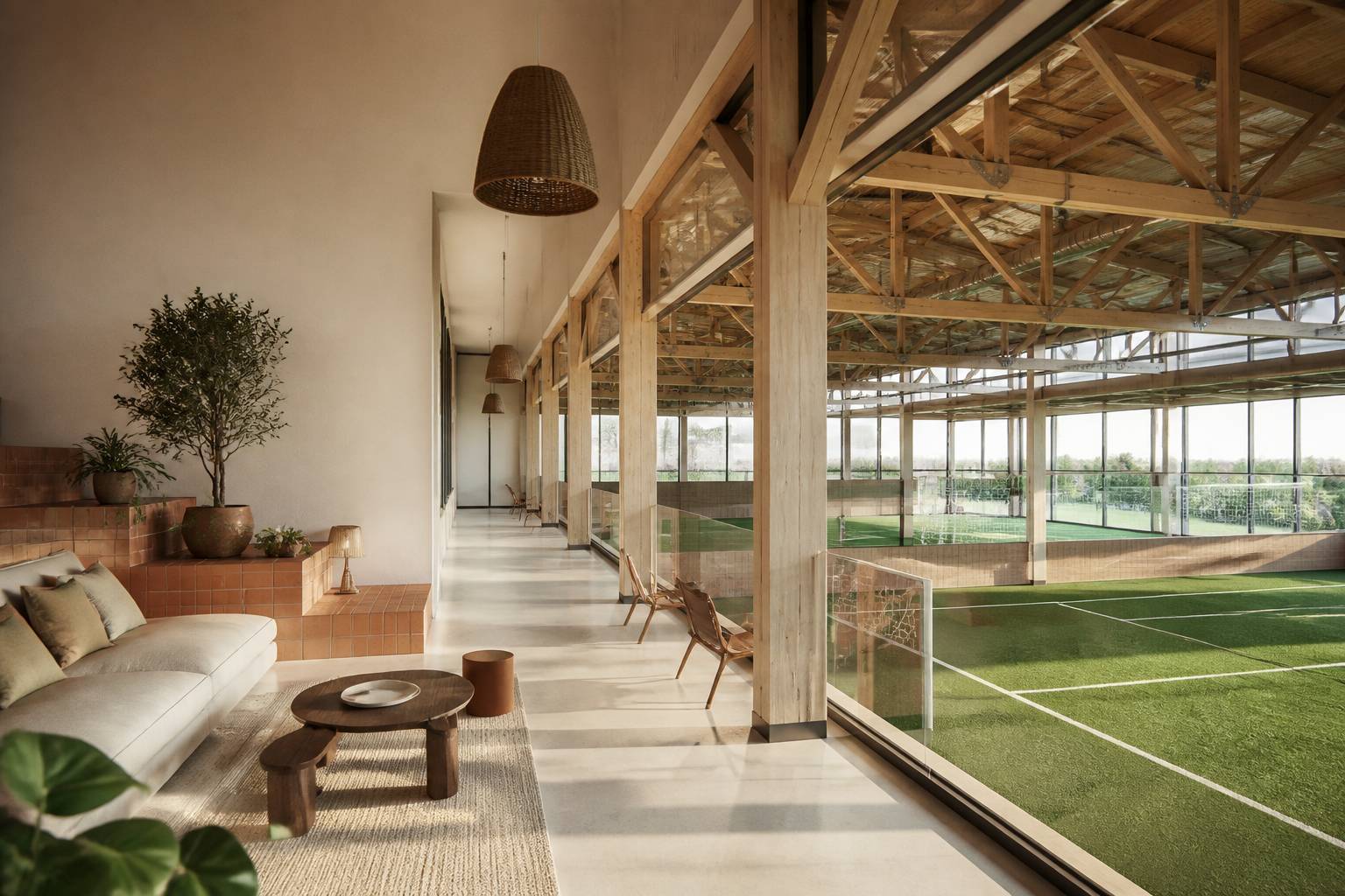Complexe sportif moderne en structure bois avec terrains de foot indoor sous charpente apparente