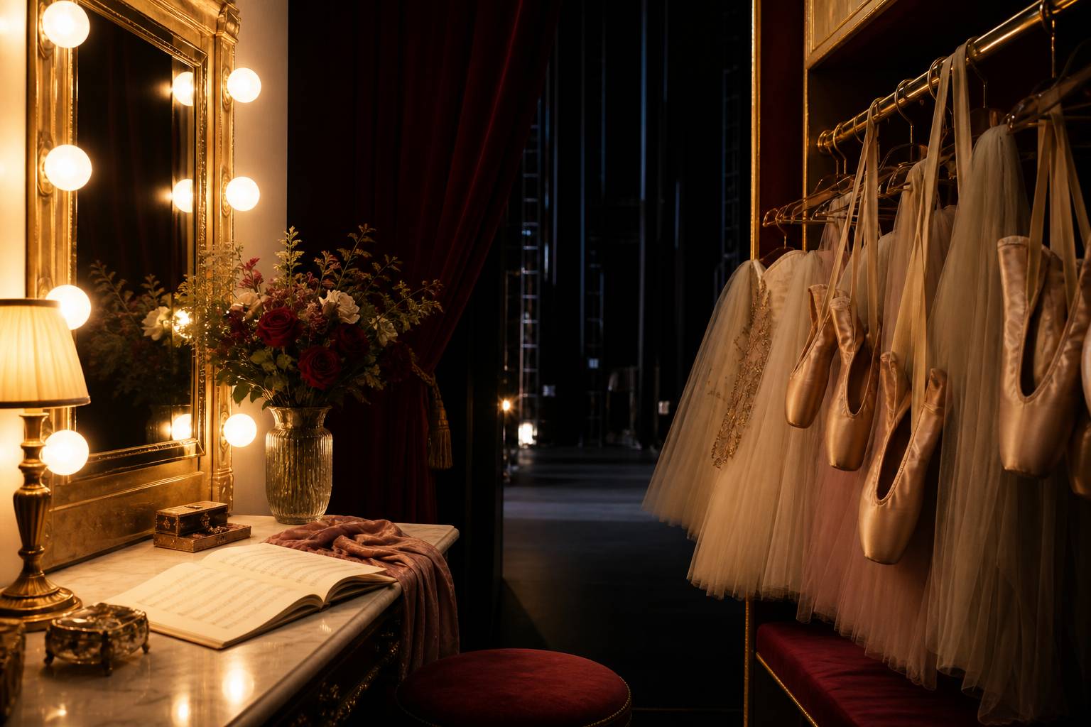 Coulisses d'opéra avec pointes de ballet, tutus et loge éclairée d'ampoules