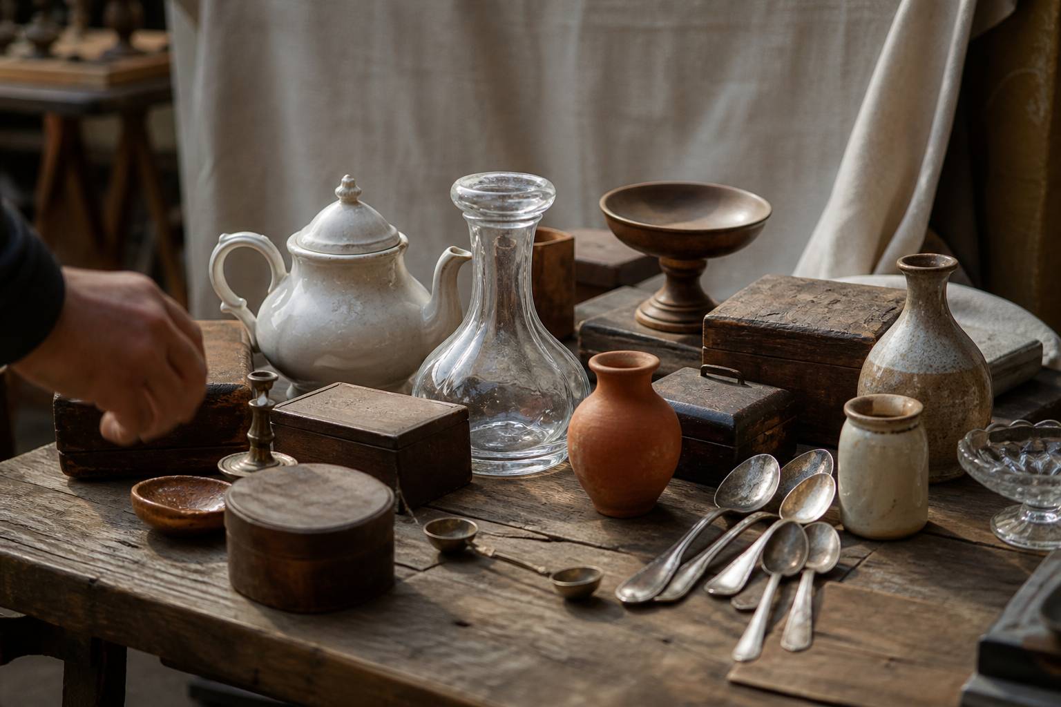 Étal de brocanteur avec théière en faïence, carafe en verre et boîtes en bois patiné sur table