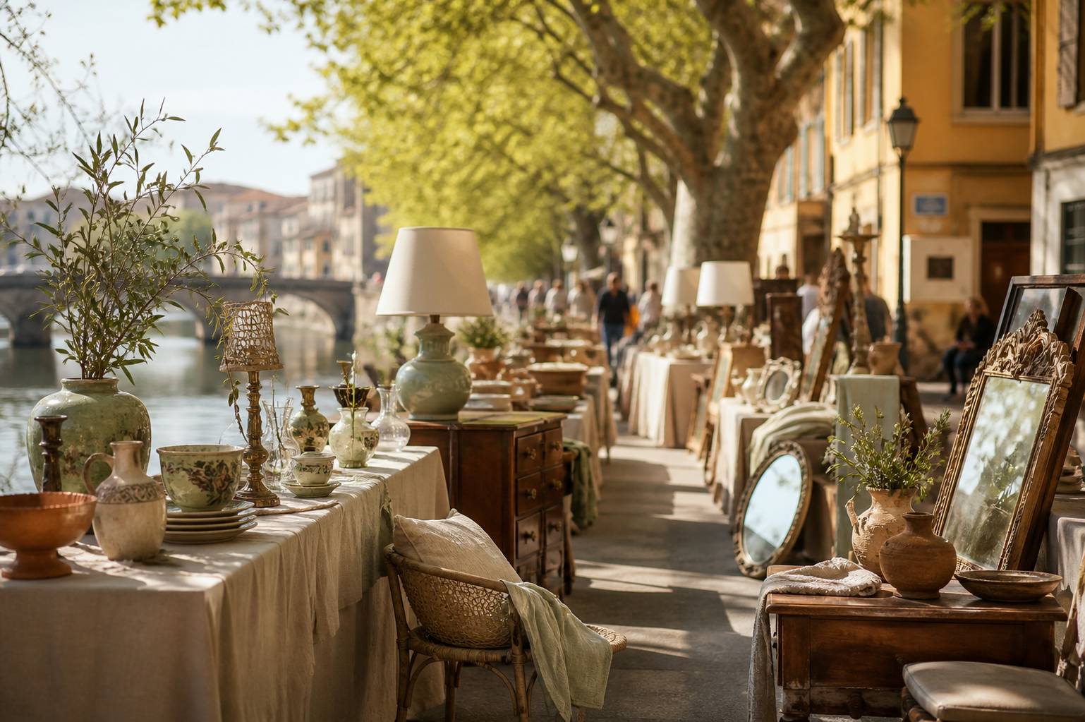 Foire de brocante en plein air avec stands d'objets anciens le long d'une rivière provençale