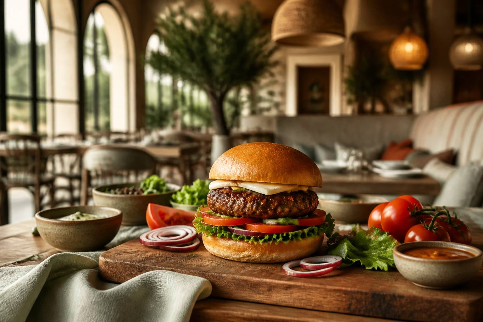 Burger gourmet au pain frais doré posé sur une planche en bois