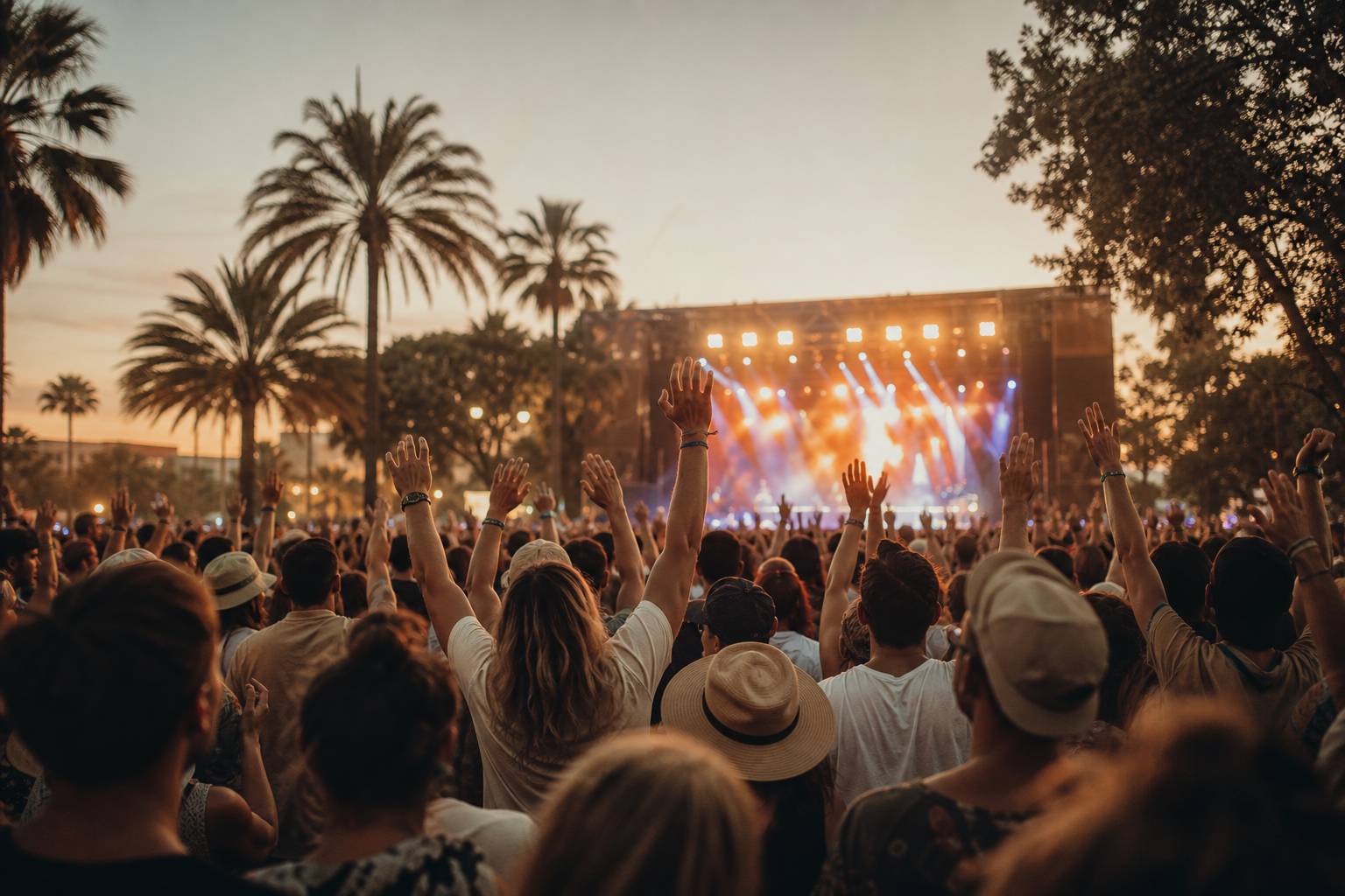 Scène de festival en plein air avec jeux de lumière au coucher du soleil