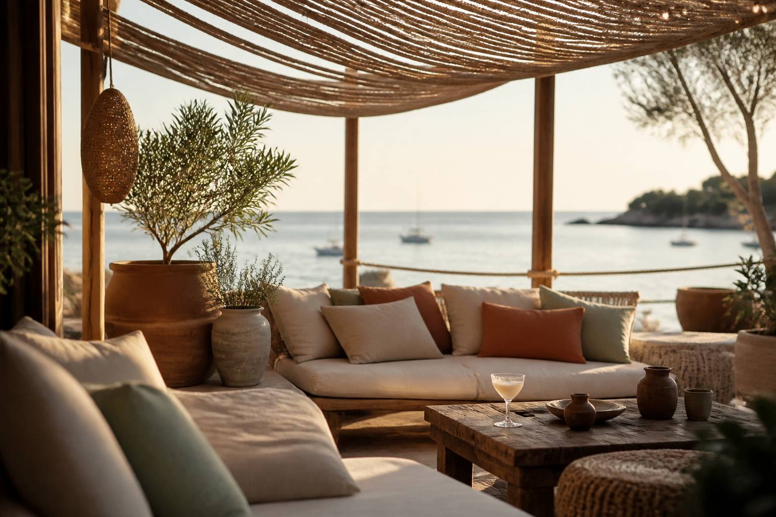Coin lounge de plage avec banquettes en rotin, guirlandes et vue sur la mer