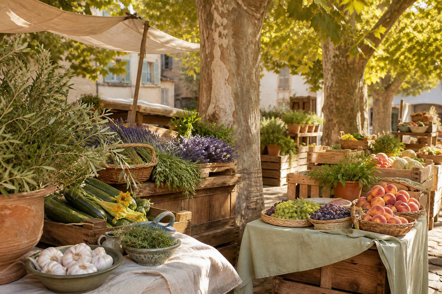 Étals de marché provençal sous les platanes au matin
