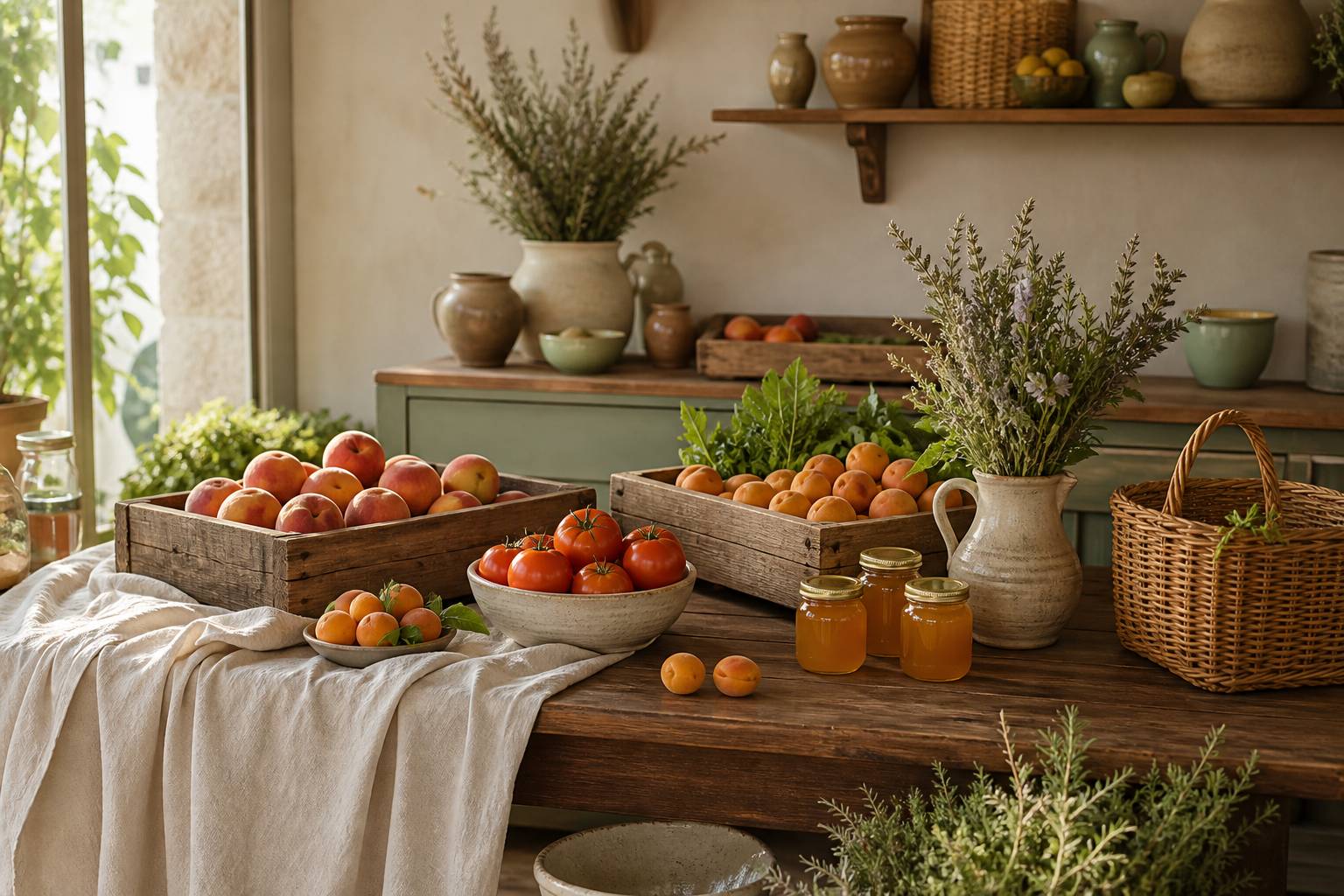 Cageots de fruits de saison et pots de miel sur un étal