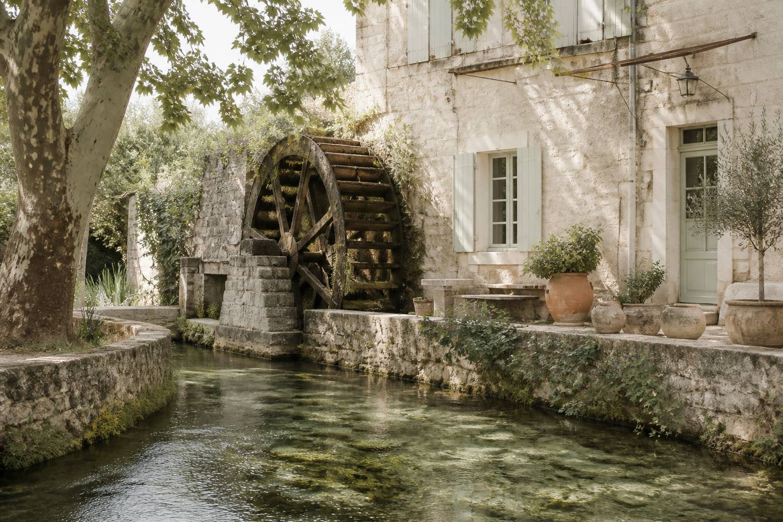 Moulin Saint-Pierre avec sa roue et le canal de Carpentras