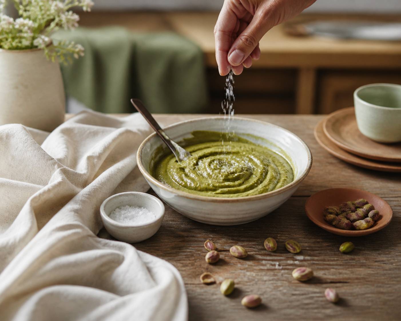 Pâte de pistache dans un bol avec une pincée de fleur de sel