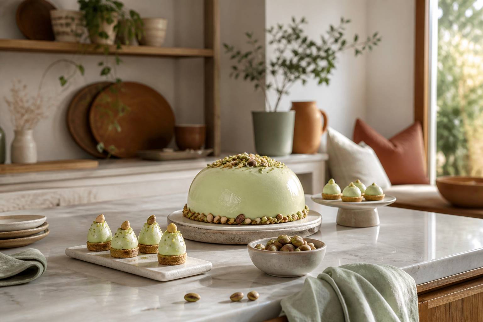 Entremets à la pistache avec éclats de pistaches sur un comptoir