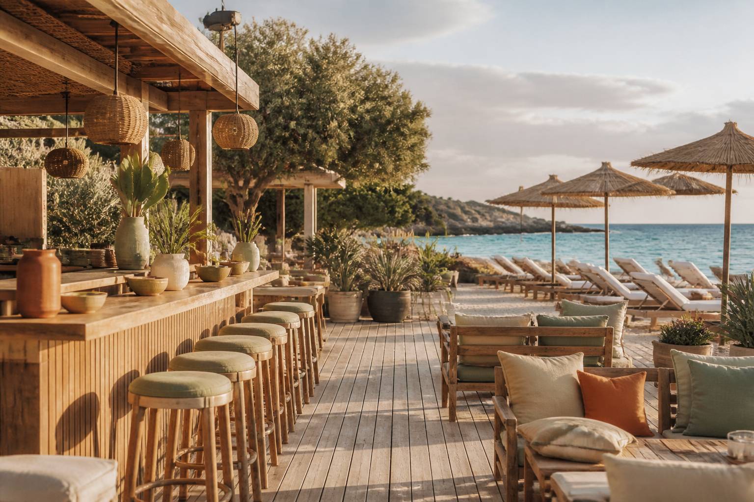 Restaurant de plage avec transats et parasols face à la mer