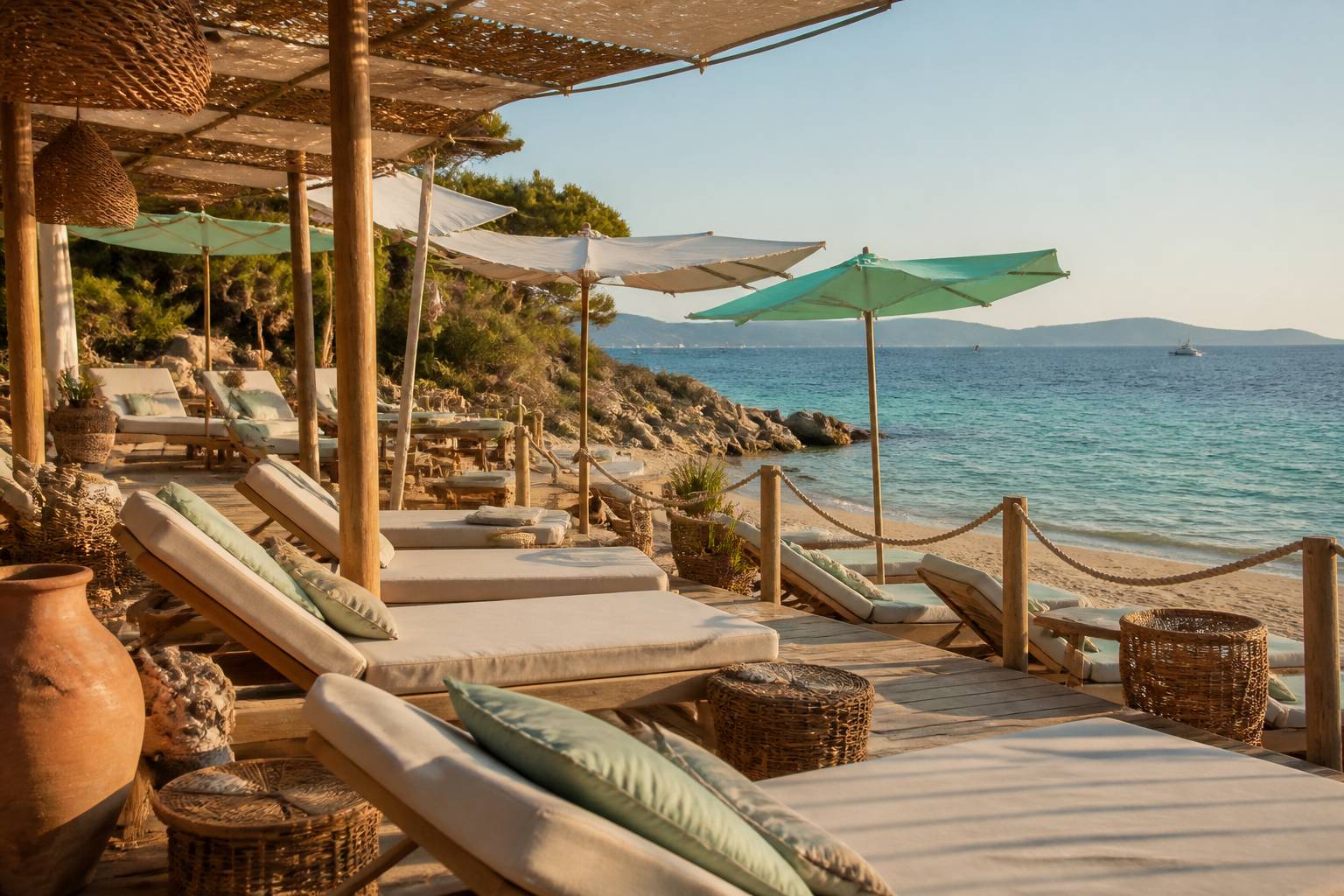 Plage privée de la Côte d'Azur avec transats, toiles turquoise et mer Méditerranée
