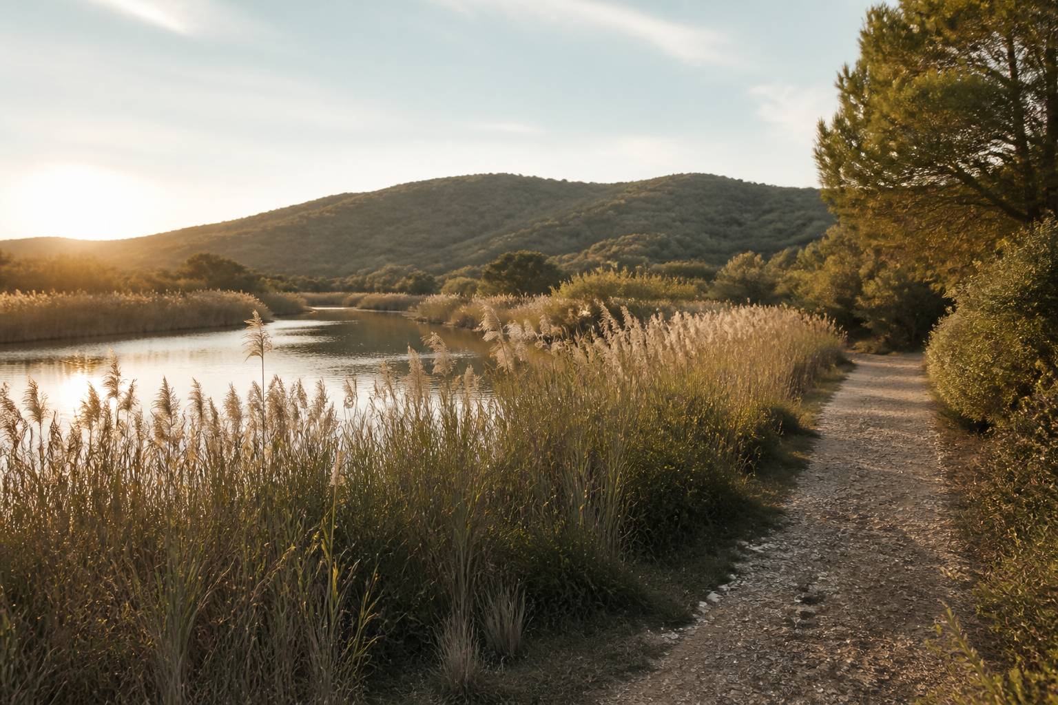 Plan d'eau naturel bordé de roseaux avec collines en arrière-plan en Provence