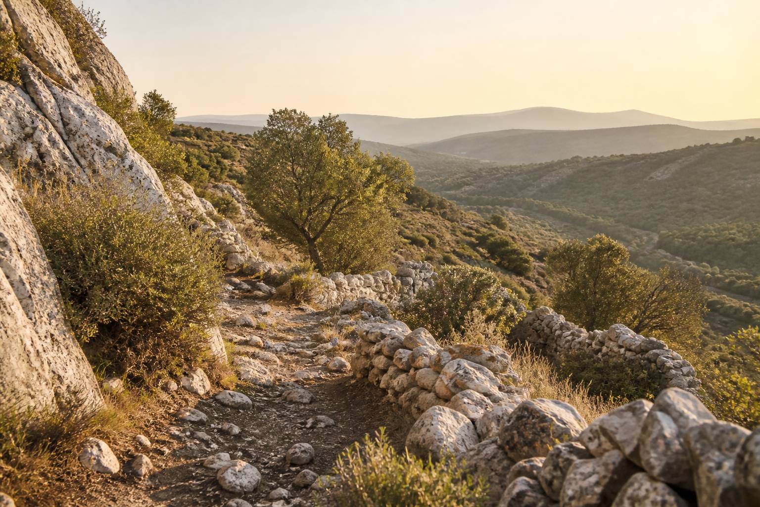 Sentier caillouteux dans le Luberon avec vue sur les crêtes