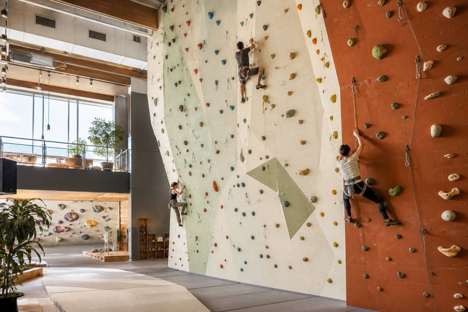 Grand mur d'escalade intérieur avec grimpeurs vus de dos