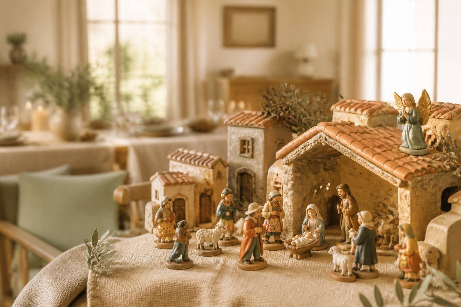 Santons en terre cuite disposés dans une crèche de village