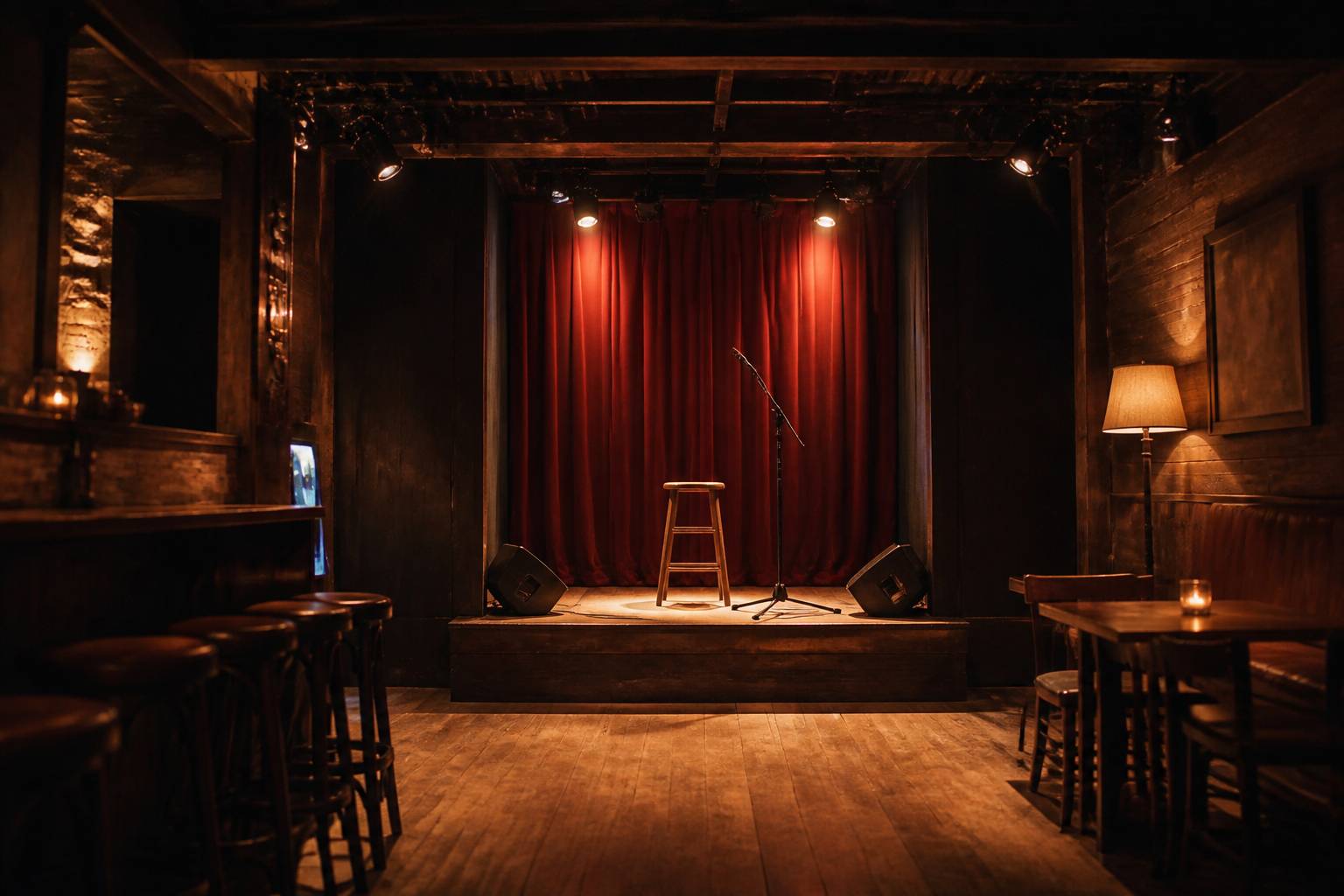 Petite scène de bar-concert avec tabouret et micro