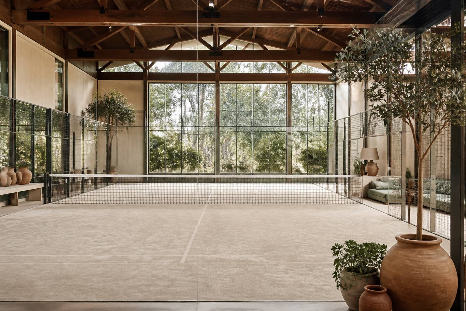 Terrain de padel intérieur aux vitres teintées sous une charpente en bois éclairée naturellement