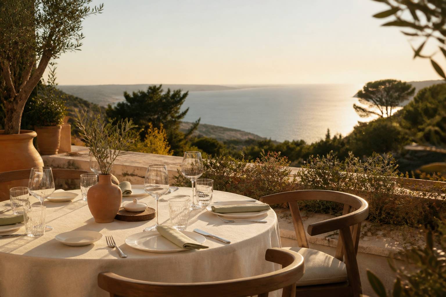 Terrasse de restaurant provençal avec table dressée en lin et vue dégagée sur la mer méditerranéenne