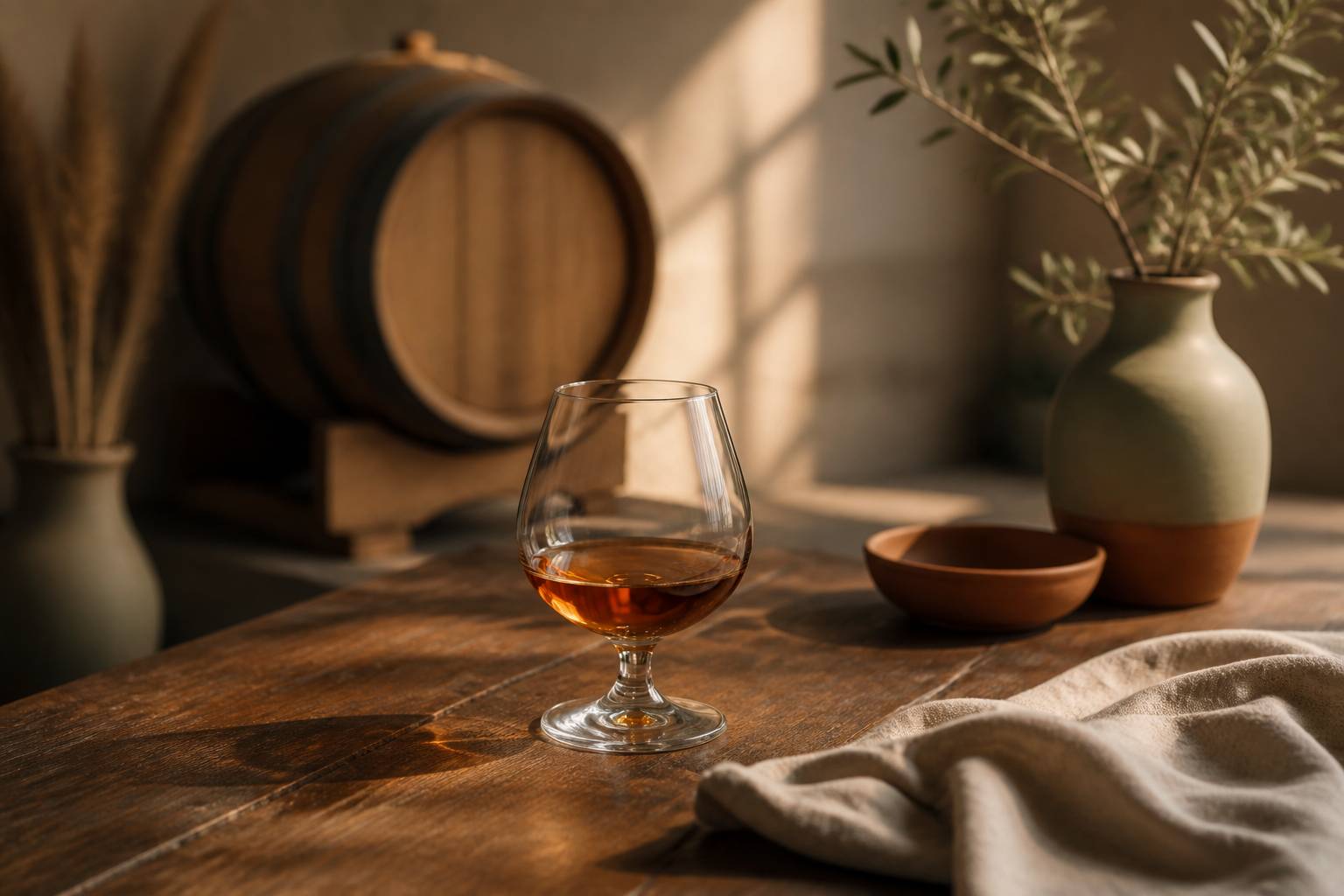 Verre de cognac ambré posé près d'un fût en bois de chêne