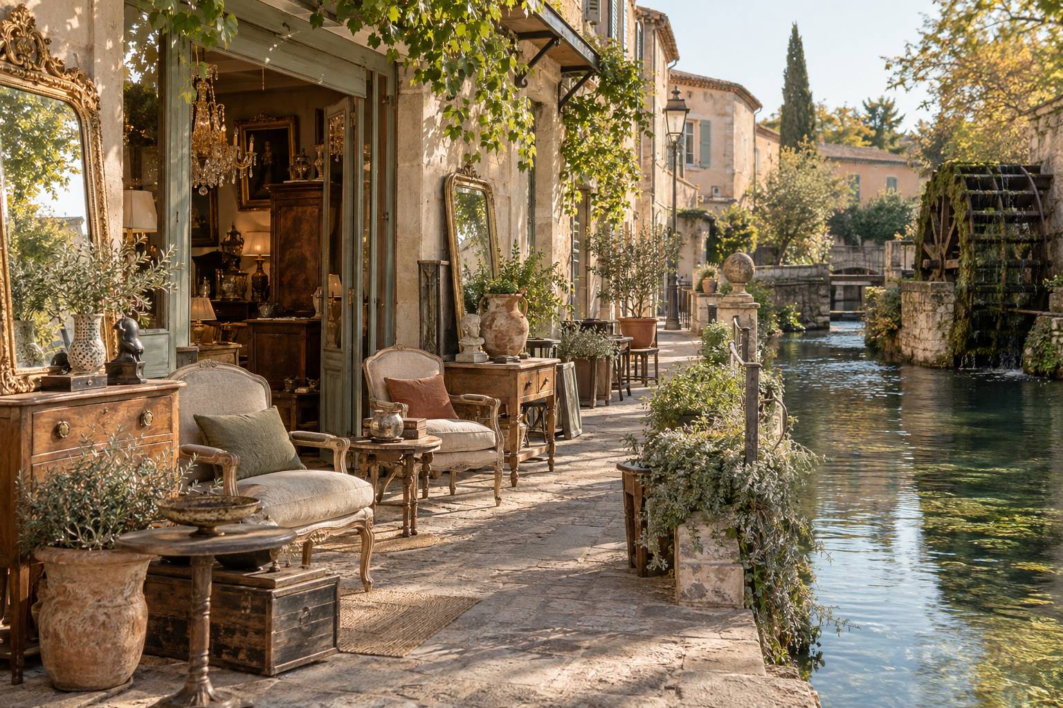 Meubles anciens exposés au bord d'un canal de l'Isle-sur-la-Sorgue