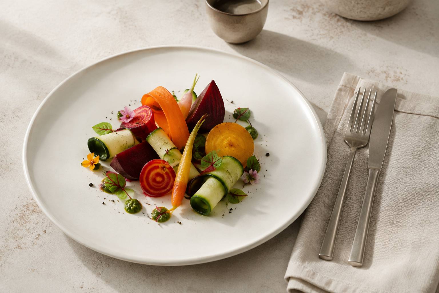 Assiette blanche aux légumes disposés en composition soignée