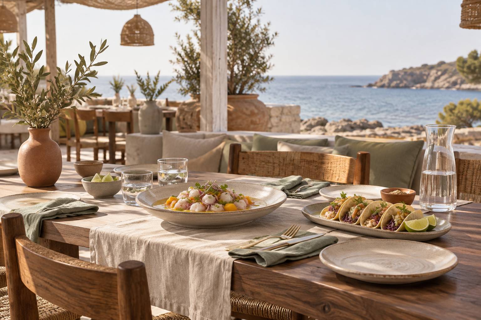Assiette de ceviche et tacos sur une table de restaurant de plage