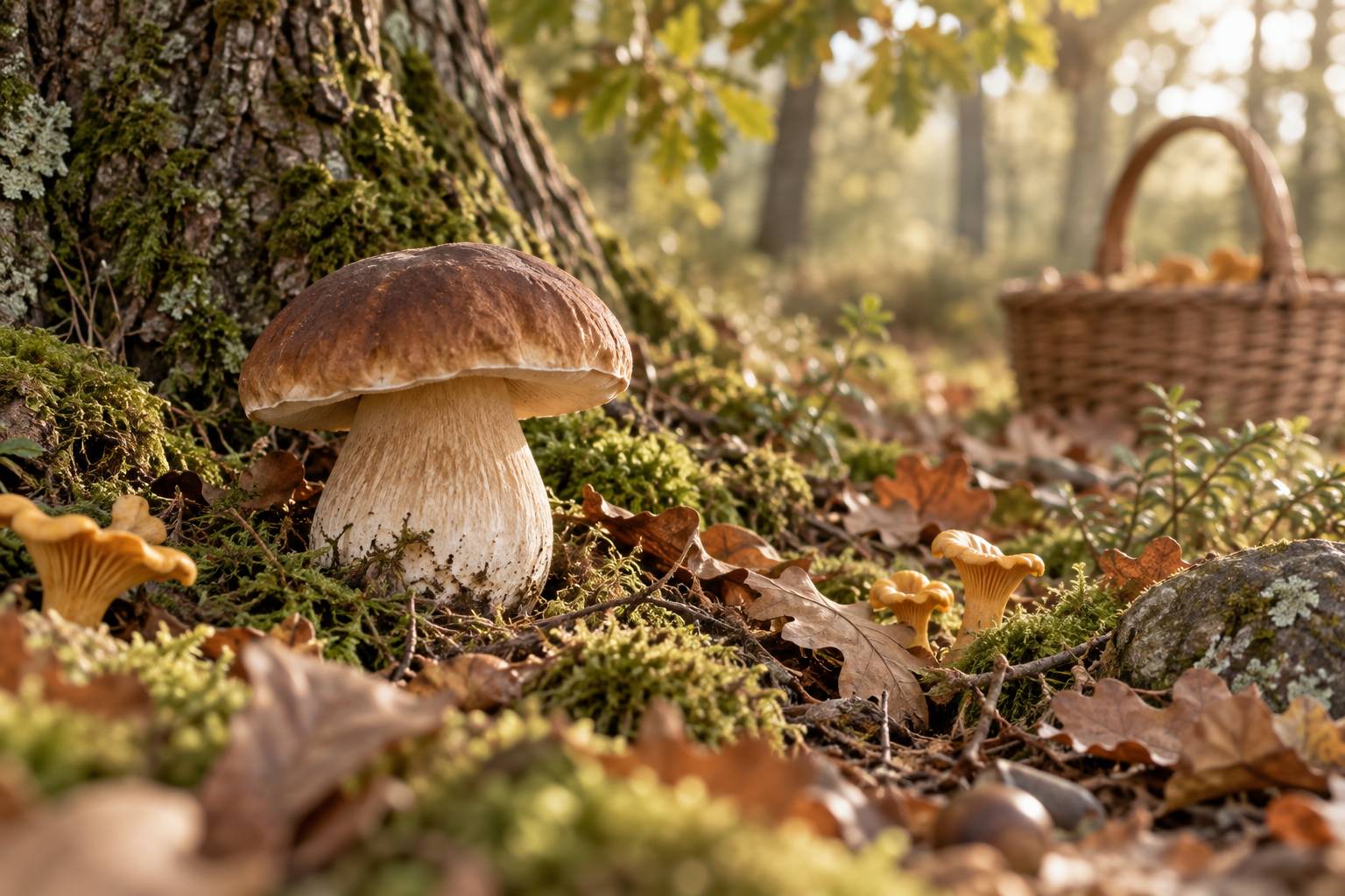 Détail d'un cèpe frais au pied d'un chêne avec girolles et mousse