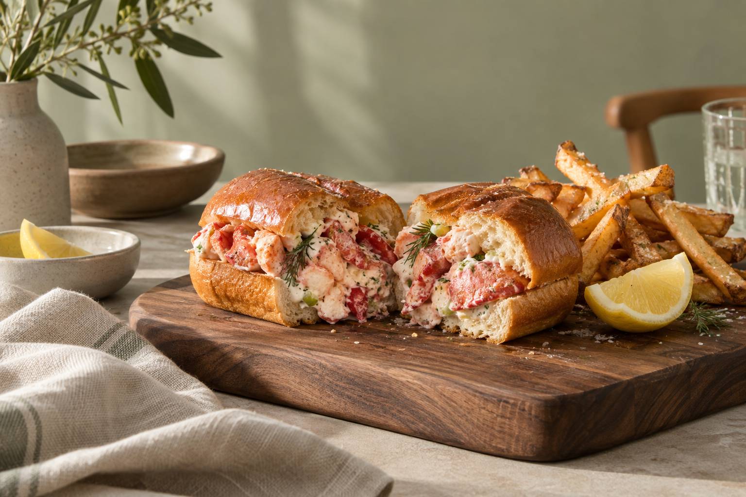 Détail d'un lobster roll coupé montrant la garniture de homard et la sauce