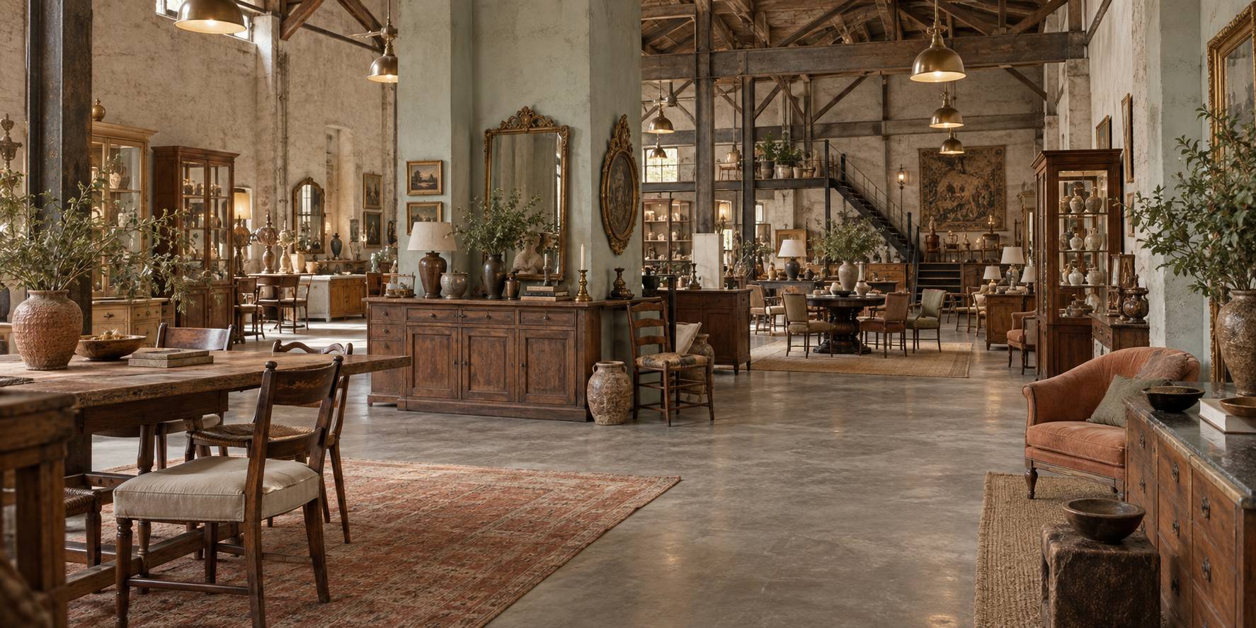 Intérieur de galerie d'antiquaires dans une ancienne filature