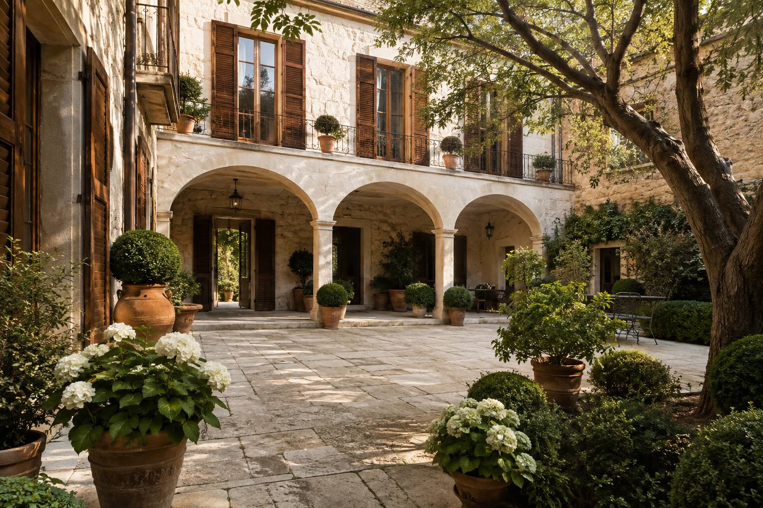 Cour intérieure d'hôtel particulier avec jardin clos et arcades en pierre
