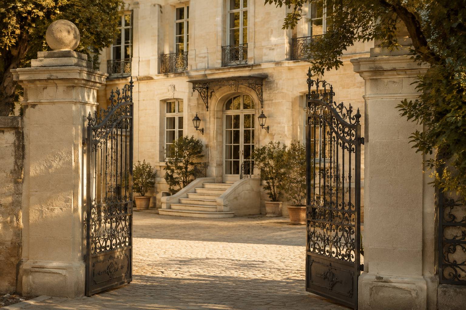Façade classique d'hôtel particulier avec cour pavée et escalier en pierre