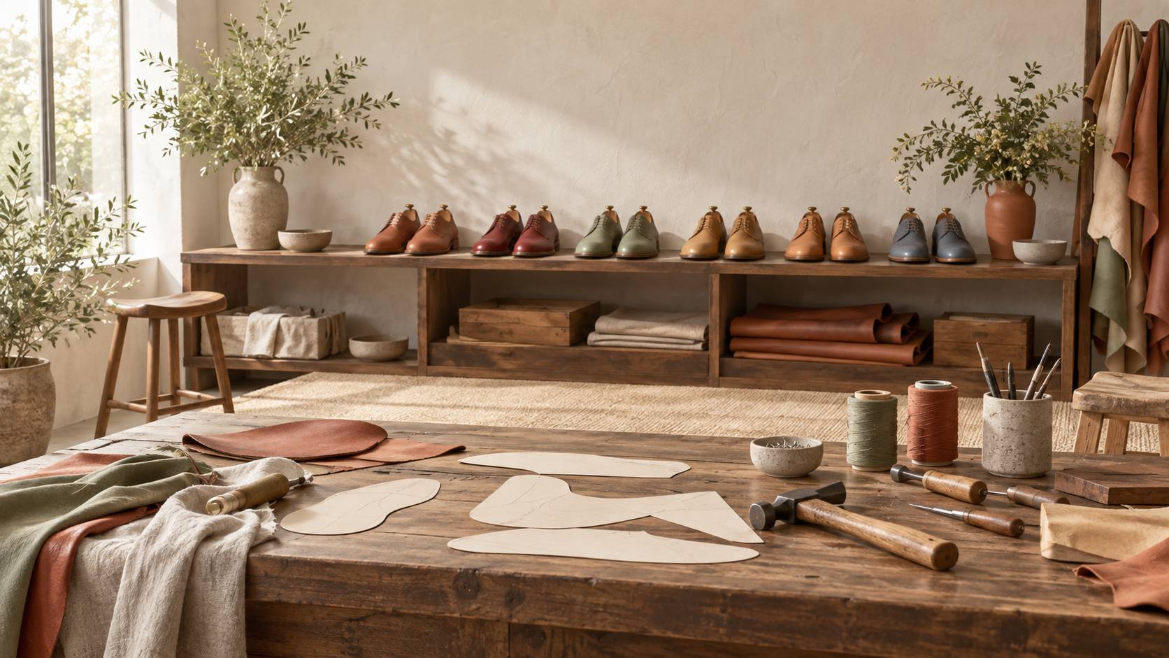 Chaussures en cuir colorees dans un atelier de cordonnier artisanal