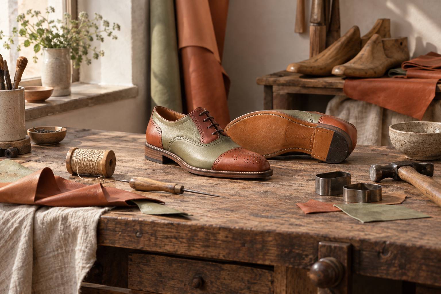 Chaussures en cuir colorees dans un atelier de cordonnier artisanal