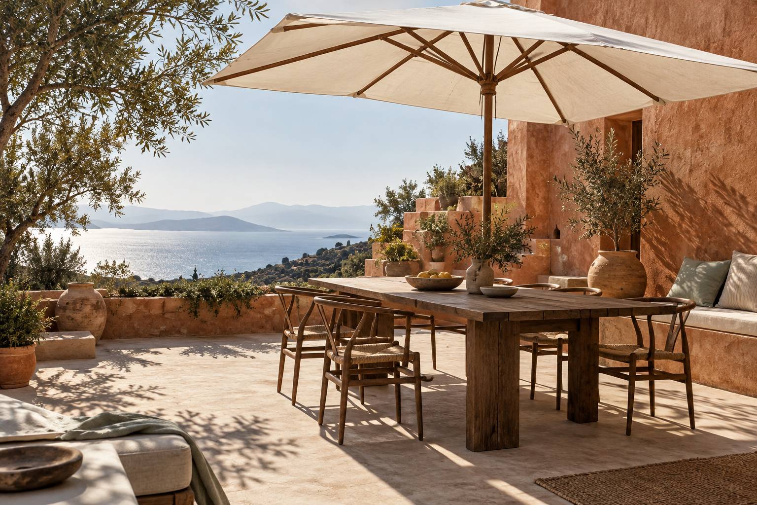 Grande ombrelle à toile claire déployée sur une terrasse méditerranéenne ensoleillée