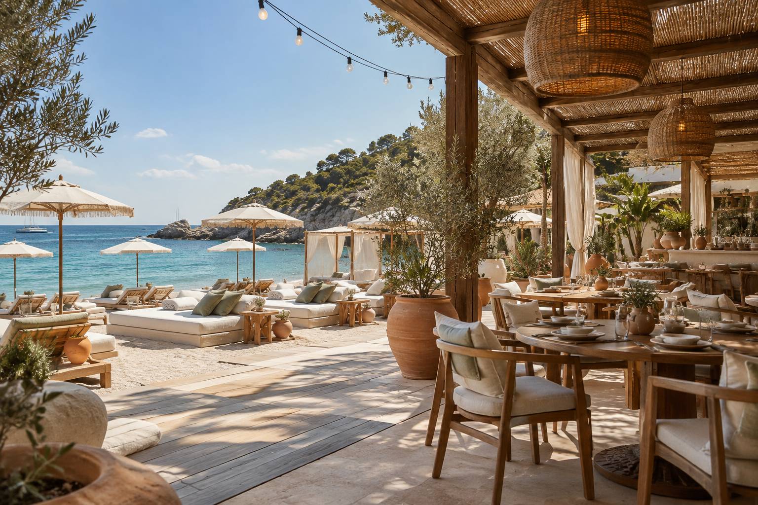 Plage privée méditerranéenne avec transats, parasols et restaurant face à la mer