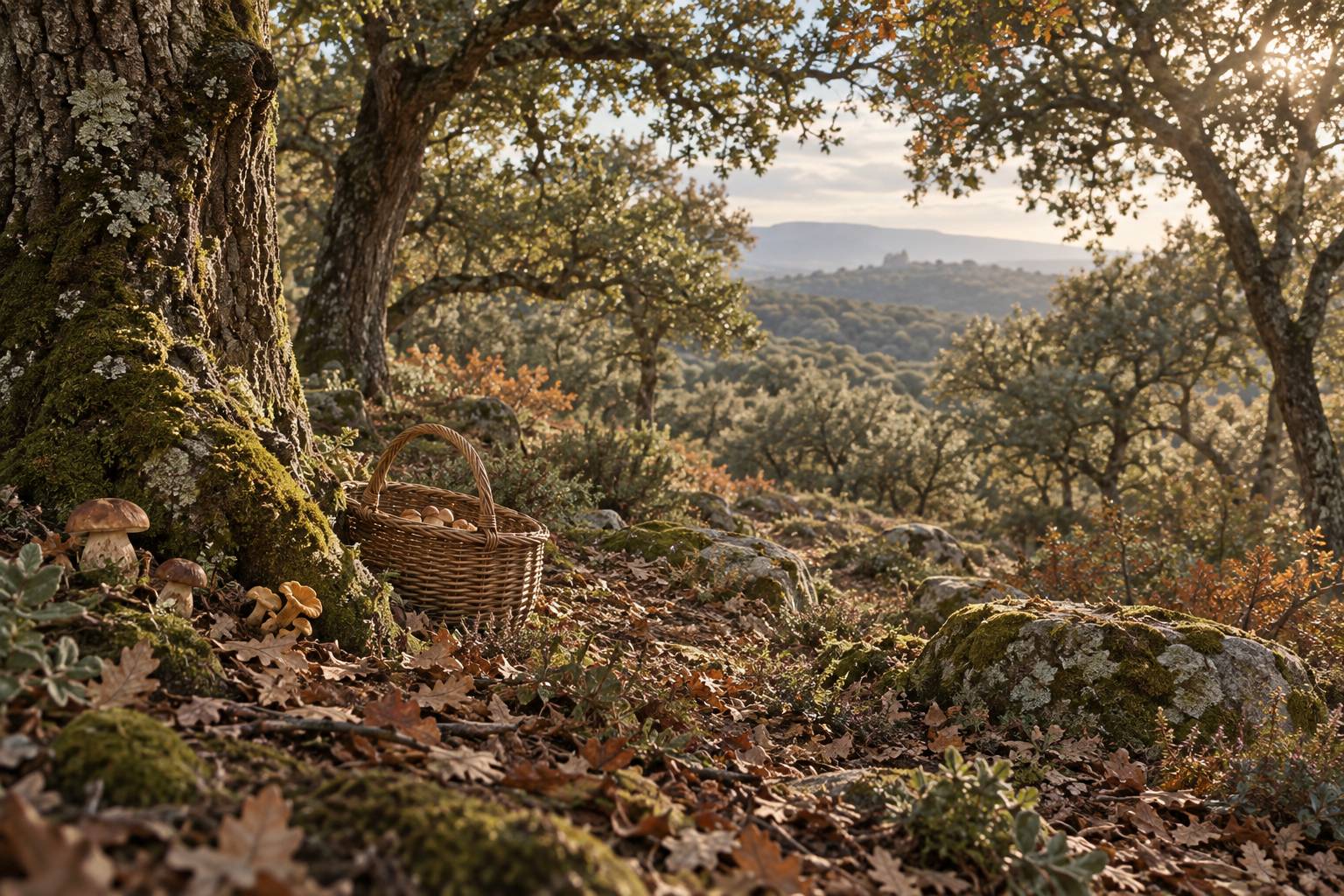 Sous-bois de chênes du Luberon avec cèpes, girolles et panier en osier