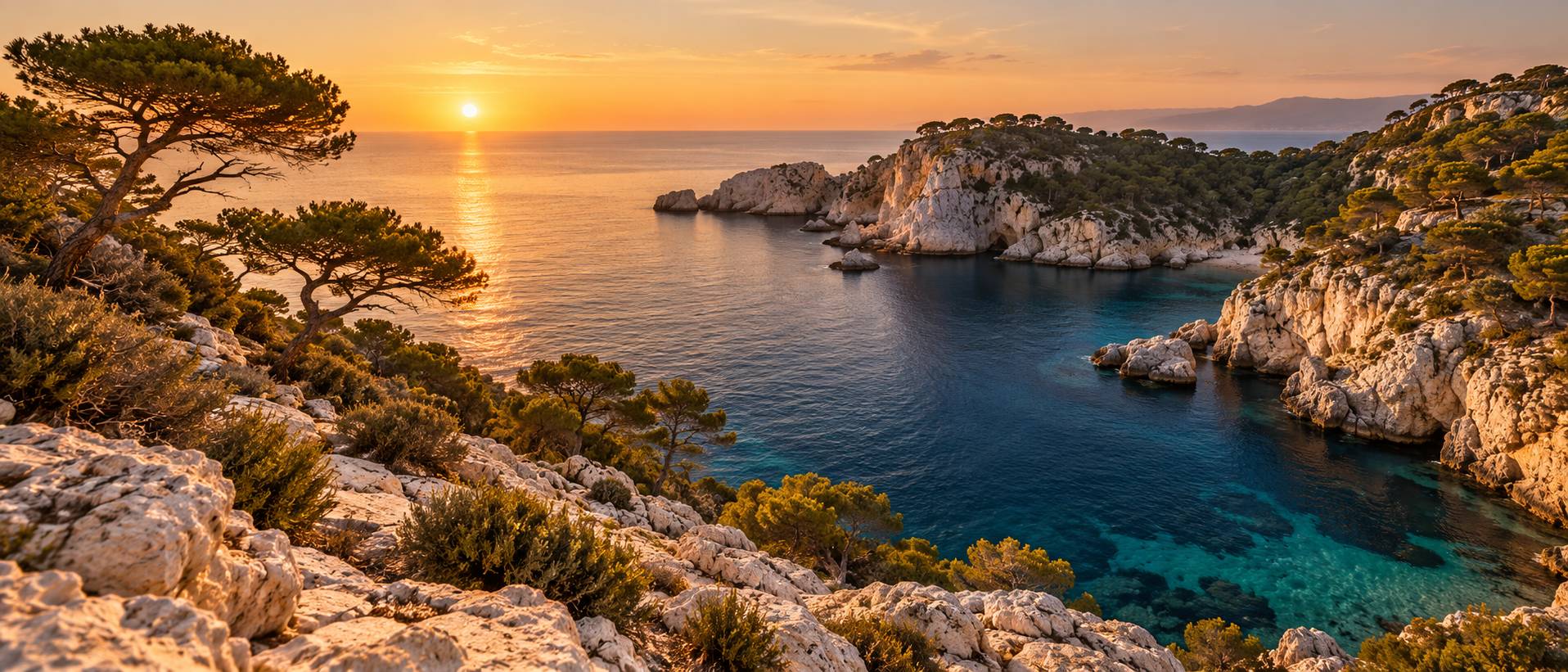 Crique rocheuse méditerranéenne générique au coucher du soleil, mer calme et pins