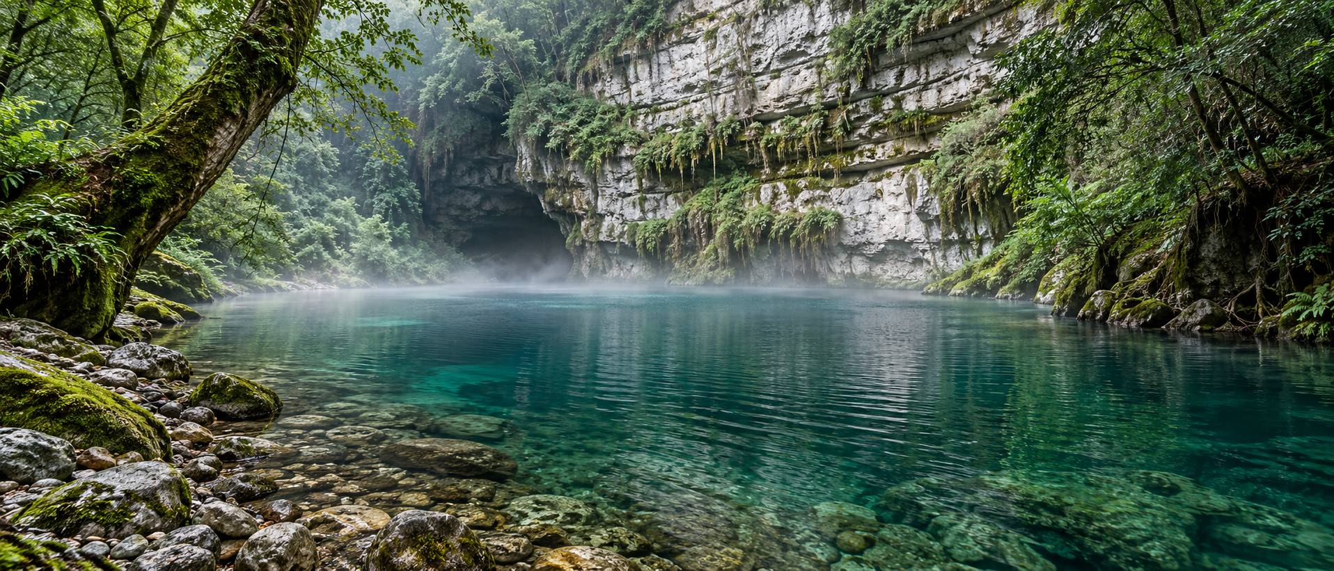 Vasque d'eau calme au pied d'une falaise calcaire moussue, brume légère