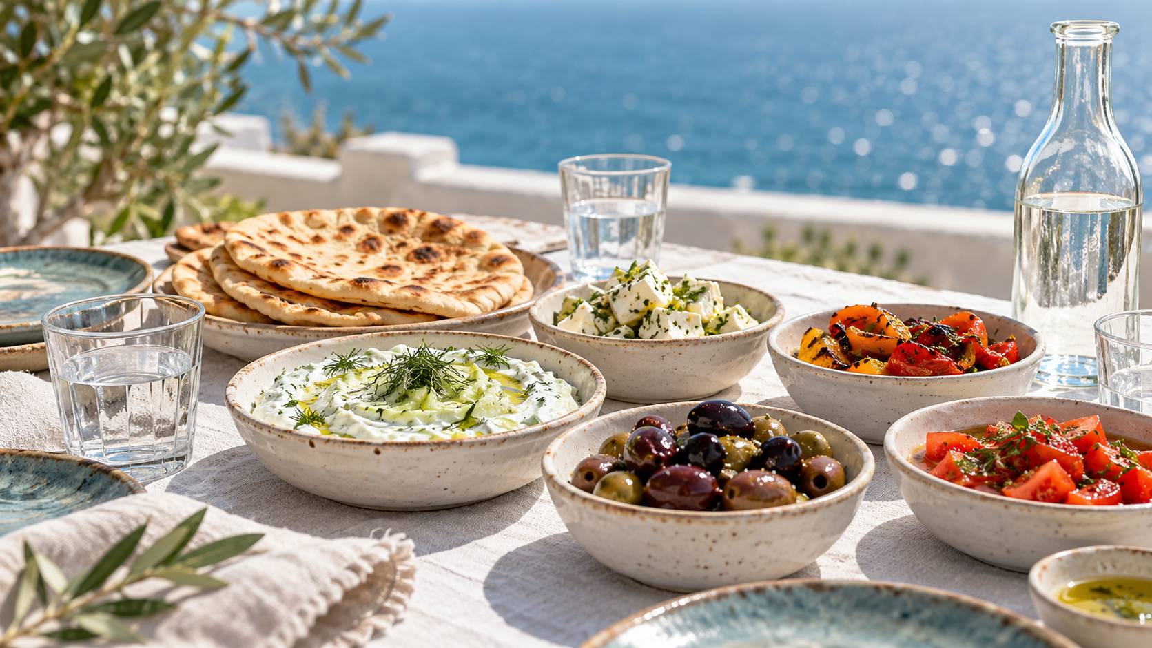 Petits bols de mezze grecs, olives, tomates et pain plat sur une table blanche face à la mer