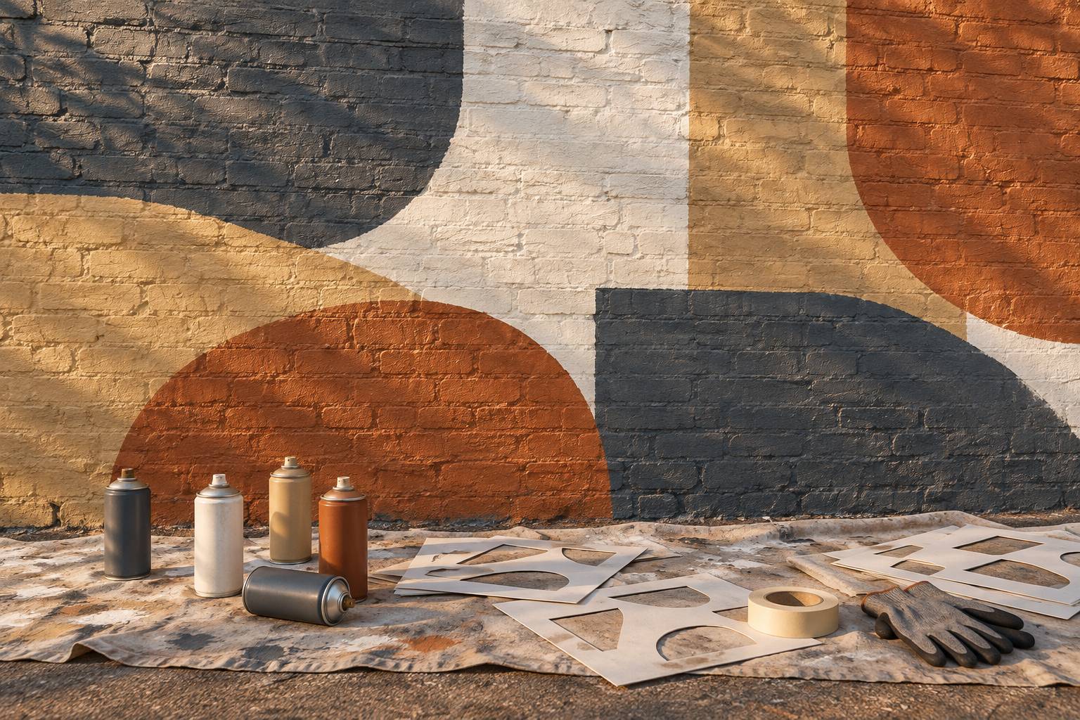 Mur préparé pour une peinture murale avec bombes de peinture et pochoirs vierges