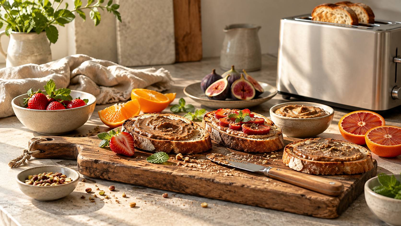 Tranches de pain grillé dorées avec pâte à tartiner et fruits frais sur une planche